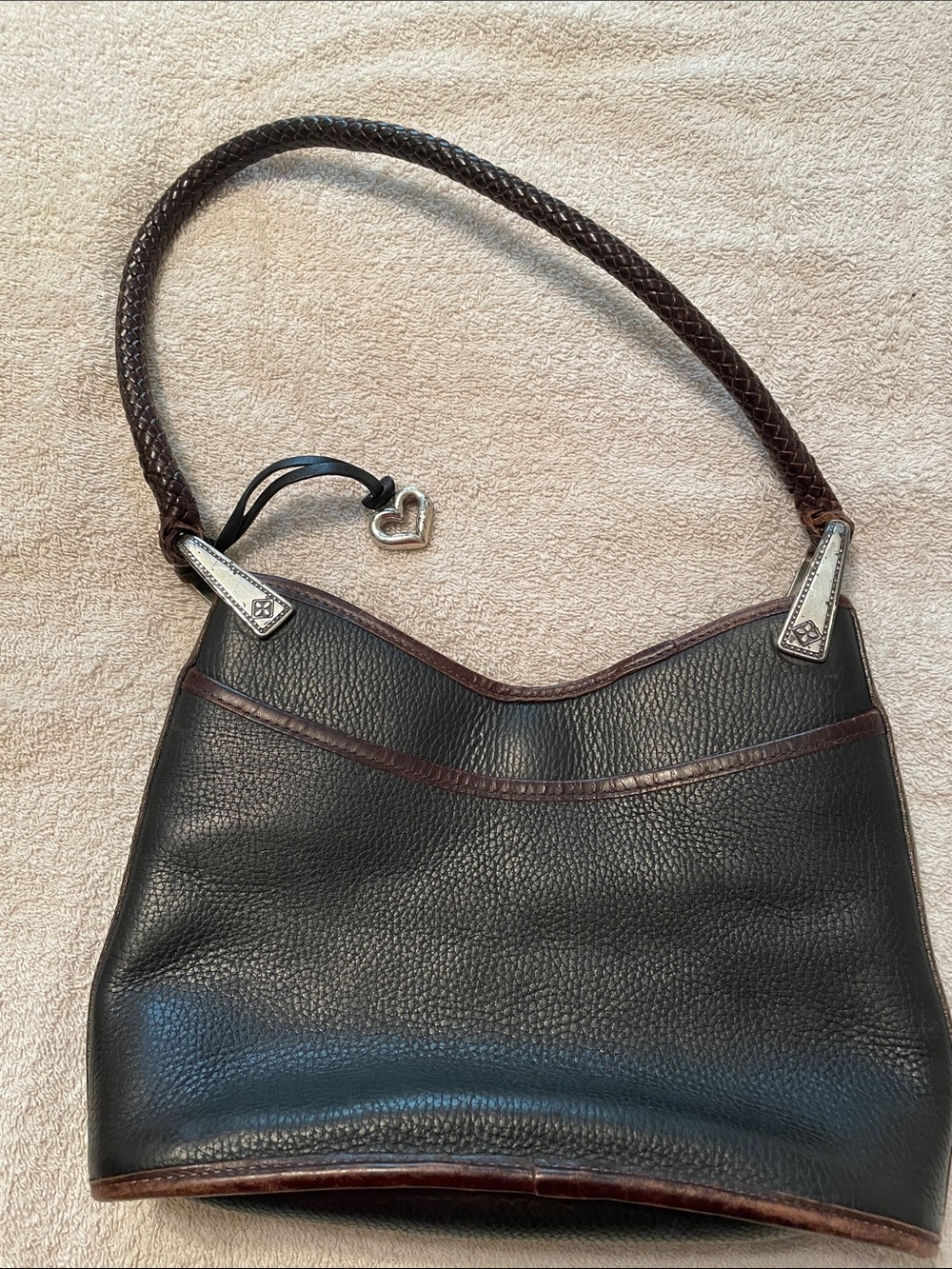 Brighton Black Pebbled Leather Shoulder Bag with Brown Trim and Braided Strap